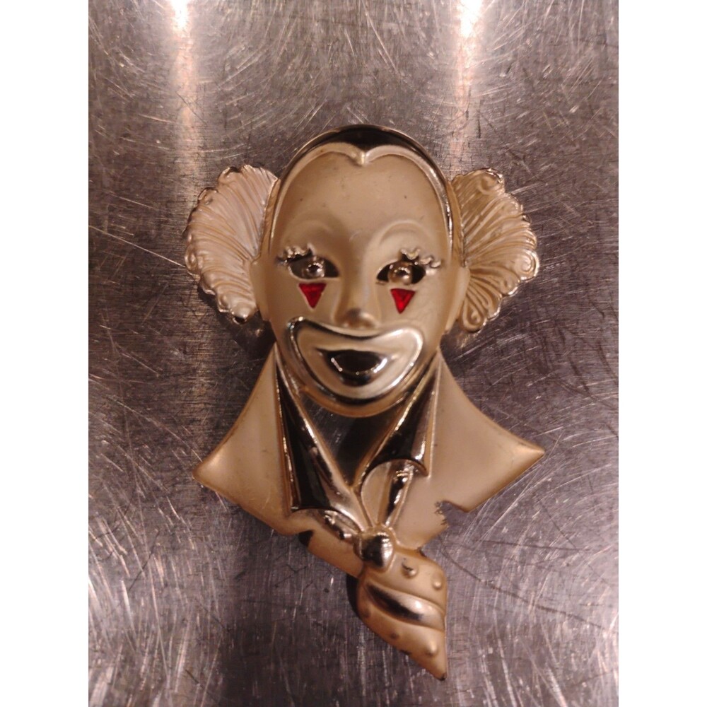 Vintage Shiny & Matte Finish Goldtone & Enamel Clown Mime Face Brooch Pin